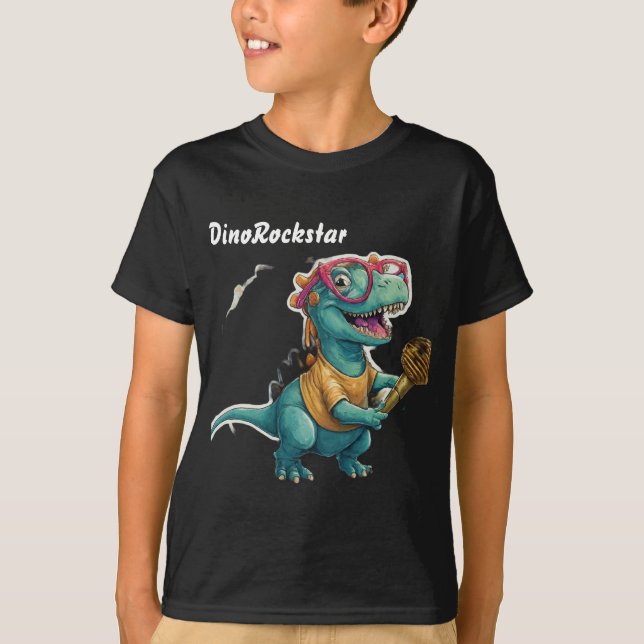 Camiseta Dinossauro DinoRockstar com óculos e microfones ou (Frente)
