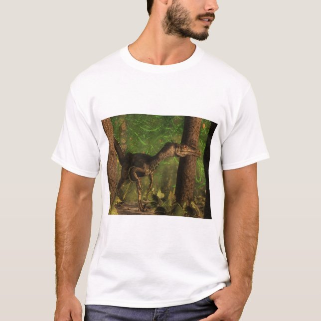Camiseta Dinossauro do Velociraptor na floresta (Frente)
