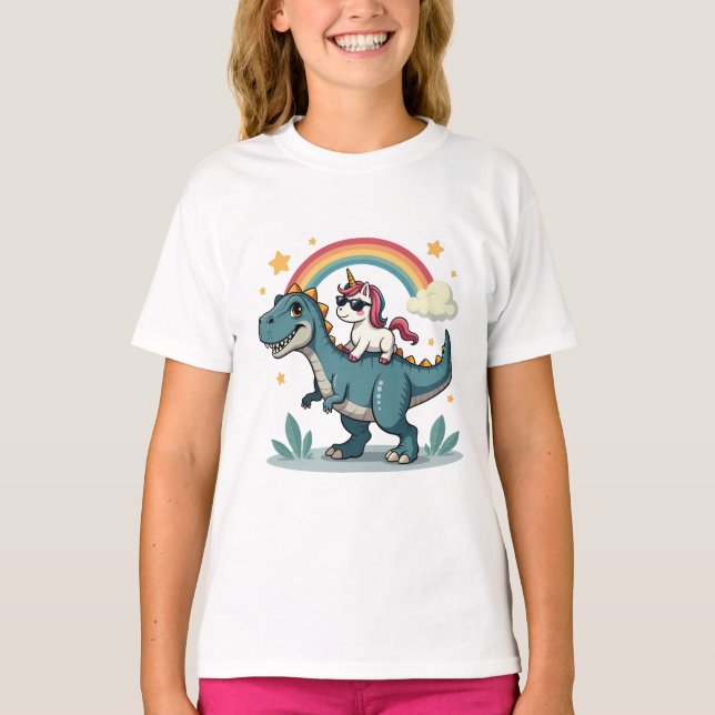 Camiseta Dinossauro e Design do Arco-Íris do Unicórnio (Frente)