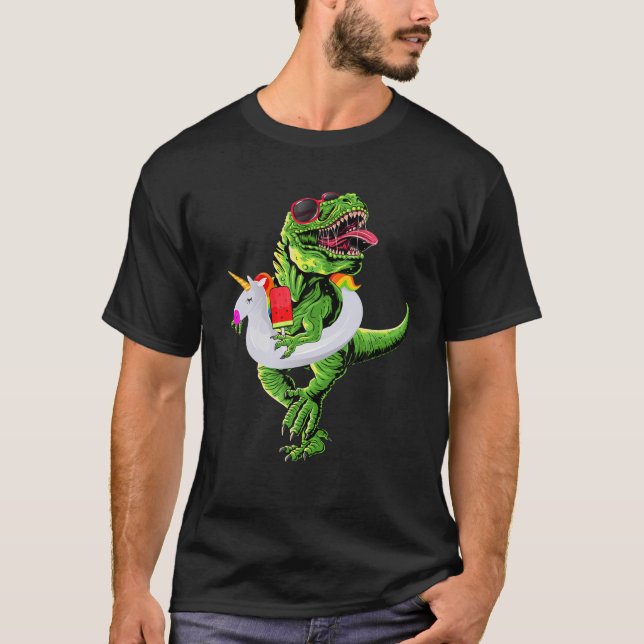 Camiseta Dinossauro Engraçado Festa de Verão do Unicórnio C (Frente)