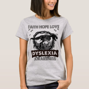 Camiseta Dinossauro Fé Esperança Ama Consciência DYSLEXIA