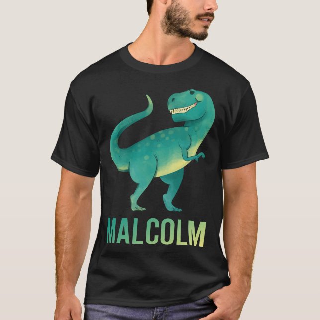 Camiseta Dinossauro Feliz - Nome Malcolm (Frente)