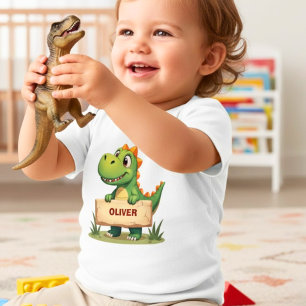 Camiseta Dinossauro Fofo com Placa de Nome Personalizada