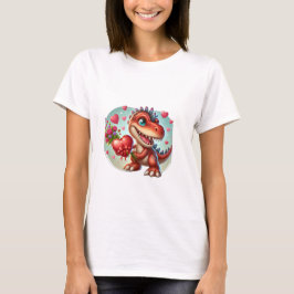 Camiseta dinossauro fofo segurando flores, cercado de coraç
