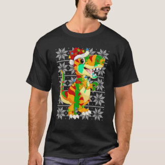Camiseta Dinossauro Luzes de Natal Reindeer Santa Hat Feia