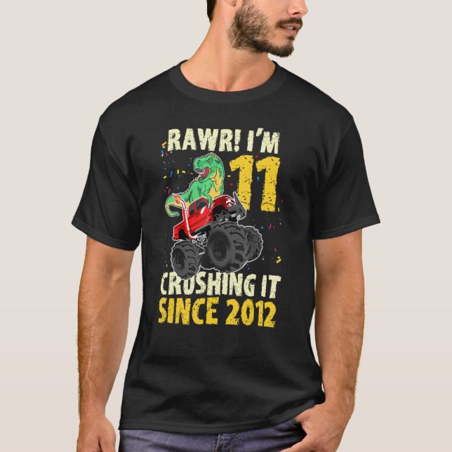 Camiseta Dinossauro, Monstro de Aniversário, Rawr, tenho 11 (Frente)