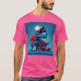 Camiseta dinossauro pequeno em um carro esportivo vermelho