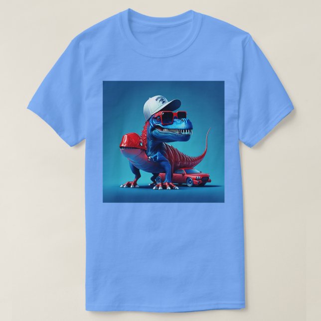 Camiseta dinossauro pequeno em um carro esportivo vermelho (Frente do Design)