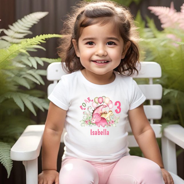 Camiseta Dinossauro Rapariga Rosa Pastel Nome Floral Aniver (Dinosaur Girl Pink Pastel Name Floral Birthday Toddler T-shirt)