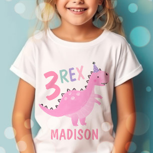 Camiseta Dinossauro Rosa Três Partido aniversário de 3 anos