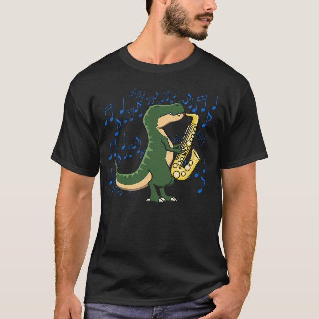 Camiseta Dinossauro T-Rex Cute e Divertido Tocando Saxofone (Frente)