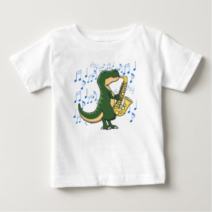 Camiseta Dinossauro T-Rex Cute e Divertido Tocando Saxofone