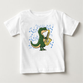 Camiseta Dinossauro T-Rex Cute e Divertido Tocando Saxofone