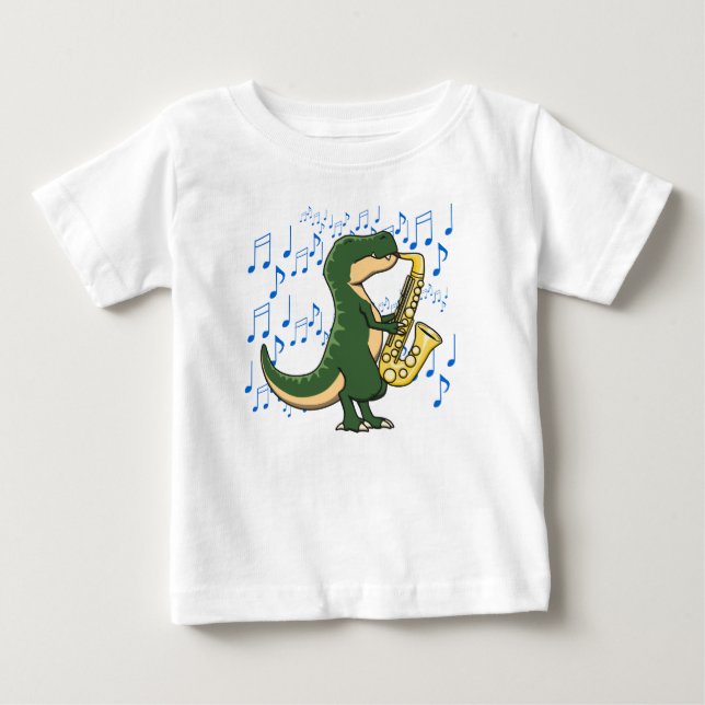Camiseta Dinossauro T-Rex Cute e Divertido Tocando Saxofone (Frente)