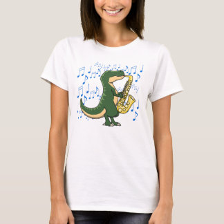 Camiseta Dinossauro T-Rex Cute e Divertido Tocando Saxofone