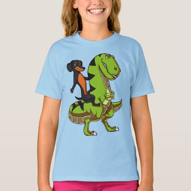 Camiseta Dinossauro T-Rex do Cachshund Anel-Cão-Espanhol (Frente)