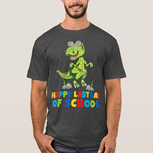 Camiseta Dinossauro T-Rex Feliz Dia Passado da Escola (Frente)