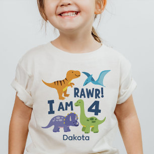 Camiseta Dinossauro T-Rex Kid 4º Aniversário Rawr Personali