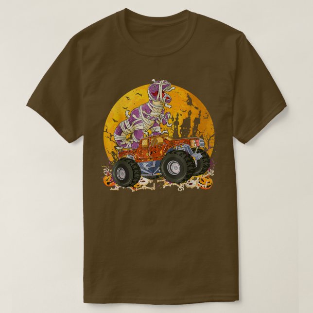 Camiseta Dinossauro T Rex Mummy Pumpkin Andando Caminhão Mo (Frente do Design)