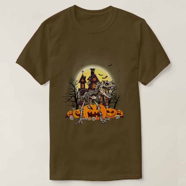 Camiseta Dinossauro T rex Skeleton Pumpkin Com Lua Hallowee (Frente do Design)