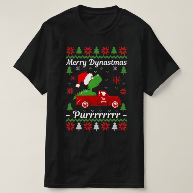 Camiseta dinossauro tiranossauro Ugly Christmas Sweater (Frente do Design)