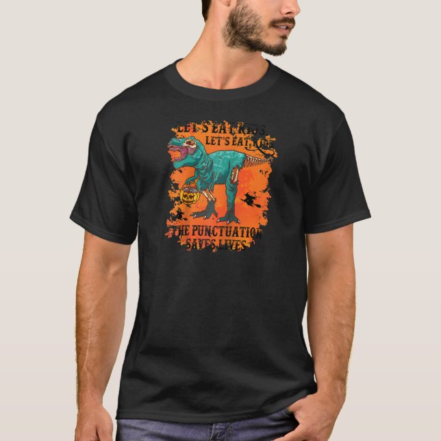 Camiseta Dinossauro Vamos Comer Crianças Pontuação Salva Vi (Frente)