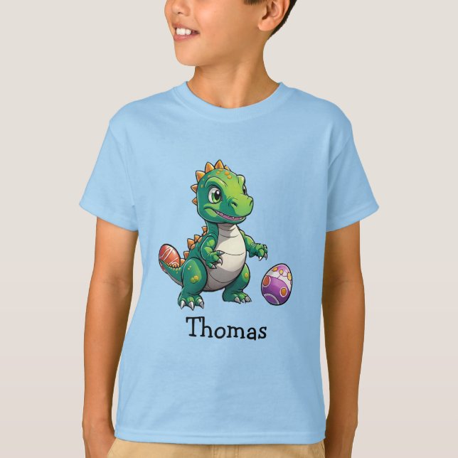 Camiseta Dinossauro verde-bonito com ovos de Páscoa (Frente)