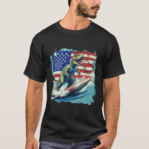 Camiseta Dinossauro Vermelho Branco Azul Surfando Para Juri