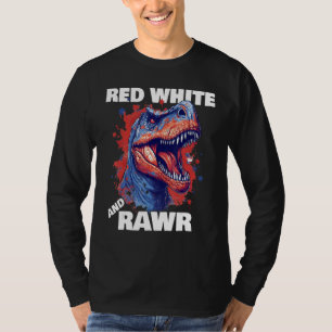 Camiseta Dinossauro Vermelho Branco Rawr Bandeira Americana