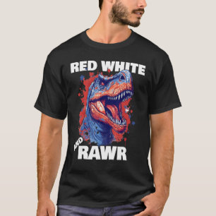 Camiseta Dinossauro Vermelho Branco Rawr Bandeira Americana