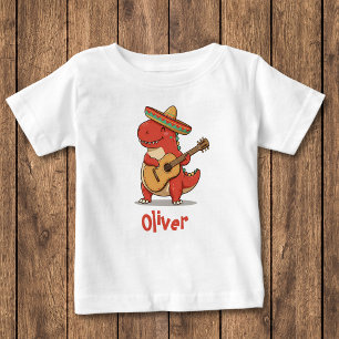 Camiseta Dinossauro Vermelho da Festa com Sombrero e Guitar