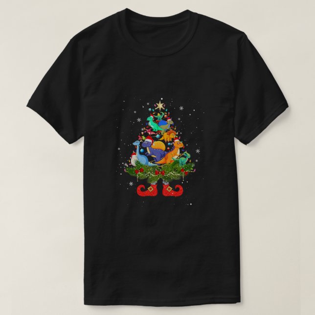 Camiseta Dinossauros Árvore de Natal Luzes de Festa Santa H (Frente do Design)
