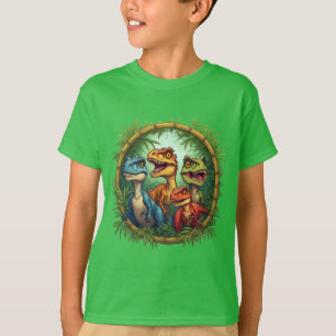 Camiseta Dinossauros de Desenho Colorido em Moldura de Bamb