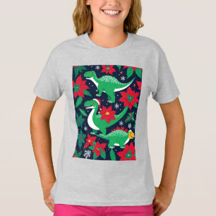 Camiseta Dinossauros De Natal Adoráveis Com Poinsettias