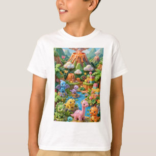 Camiseta Dinossauros Kawaii Selva Vulcão Vertical