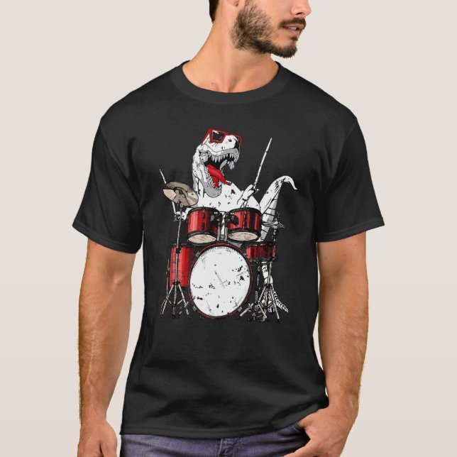 Camiseta Dinossauros Tambores Música Reproduzindo Drummer D (Frente)