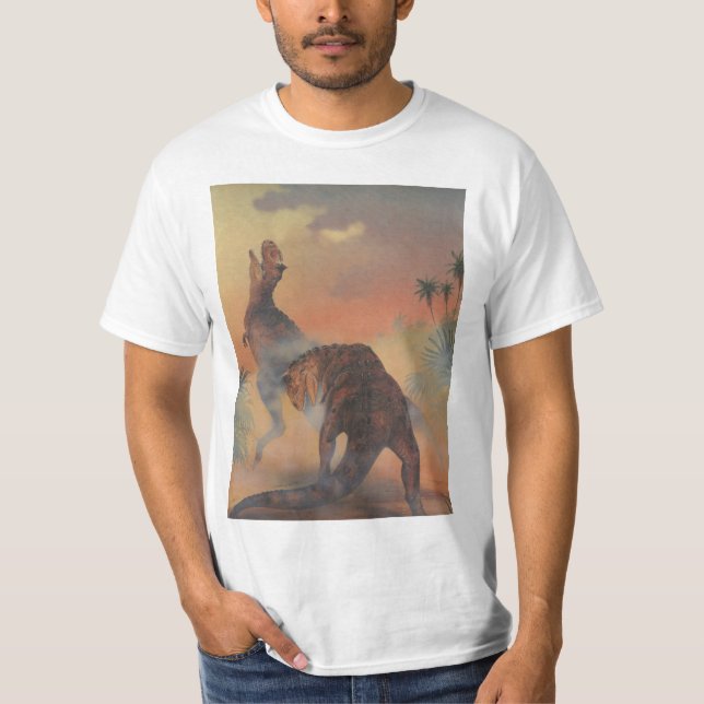 Camiseta Dinossauros Vintage, Carnotaurus Raring na Selva (Frente)