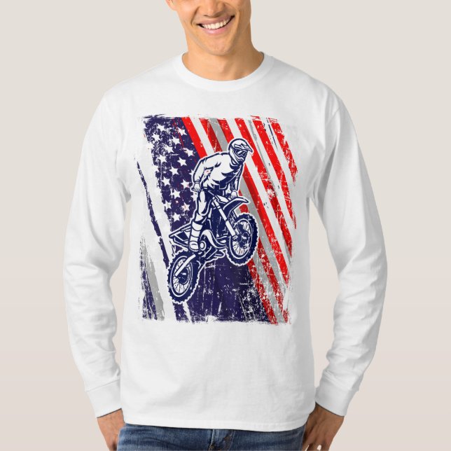 Camiseta Dirt Bike American Flag Motocross Biker 4 de julho (Frente)