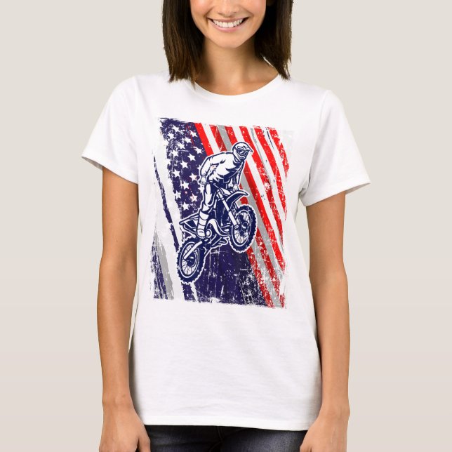 Camiseta Dirt Bike American Flag Motocross Biker 4 de julho (Frente)