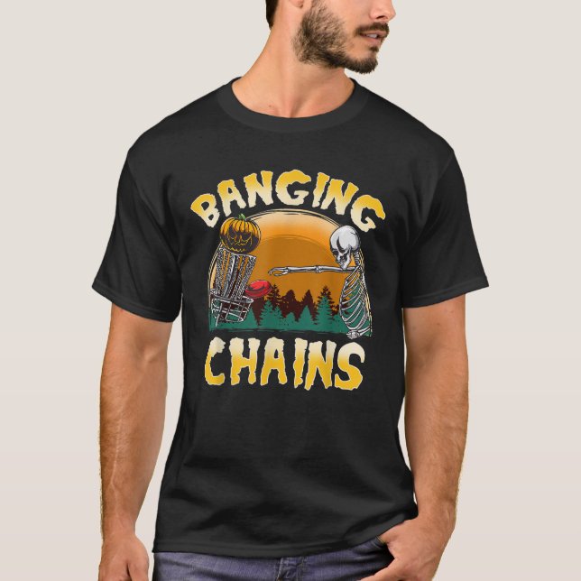 Camiseta Disc Golf Banging Chains Halloween Skeleton Pumpki (Frente)