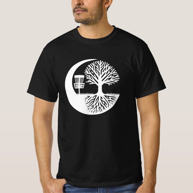 Camiseta Disco de golfe preto e branco e raízes de árvores  (Frente)