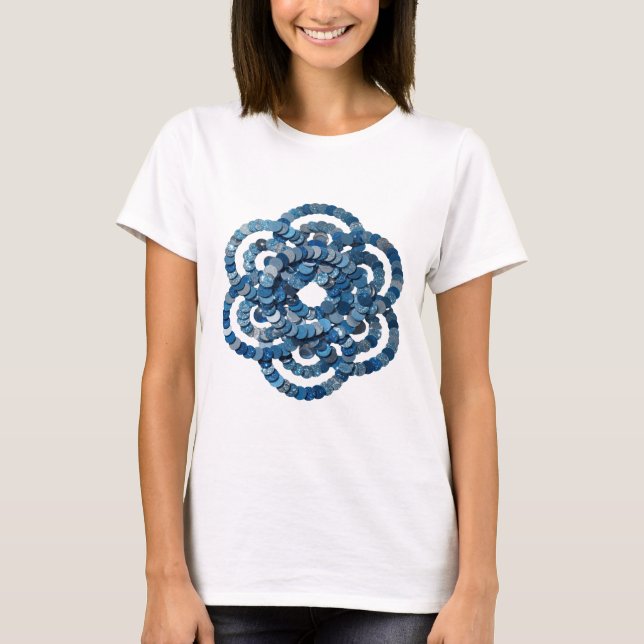 CAMISETA DISCOS AZUIS ESPELHADOS DECORADOS COM BRILHO E PUR (Frente)