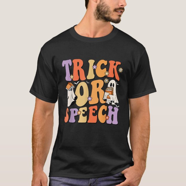 Camiseta Discurso Retro de Truque ou Halloween Terapia da F (Frente)