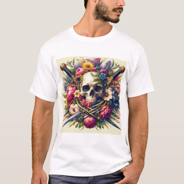 Camiseta Diseño de Calaveras, Flores y Espadas  (Frente)