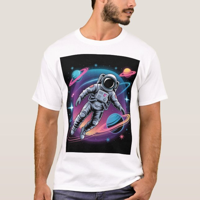 Camiseta Dissipação Cósmica - Astronauta na Galáxia Neon (Frente)