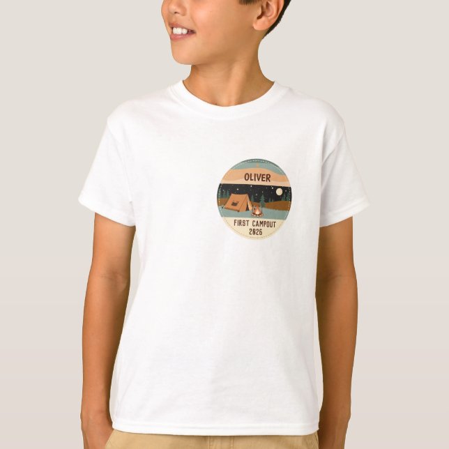Camiseta Distintivo de Primeira Acampamento Camper (Frente)