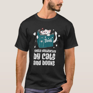 Camiseta Distraído Facilmente Por Gatos E Livros Gato E Li