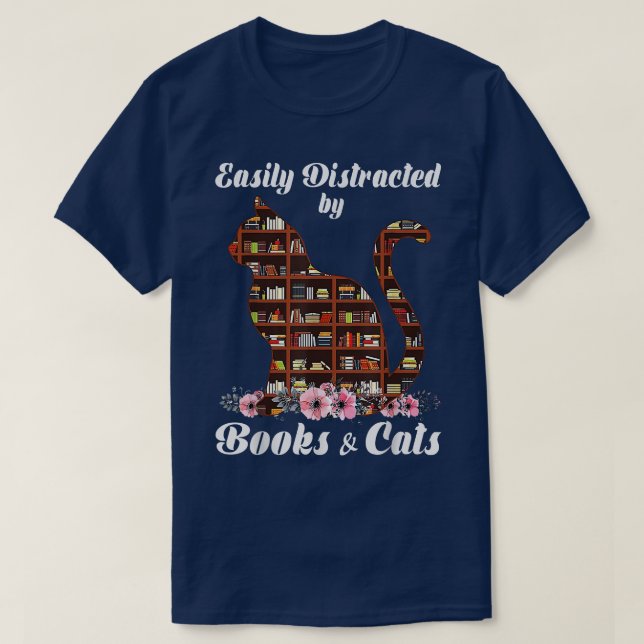 Camiseta Distraído Facilmente Por Livros E Gatos, Cat Lover (Frente do Design)