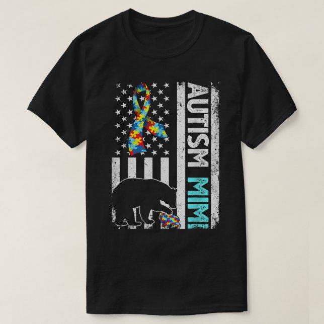 Camiseta Distressed American Flag Autism Mimi Bear Autistic (Frente do Design)