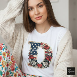 Camiseta Distressed Flag Letter D Floral Monogram